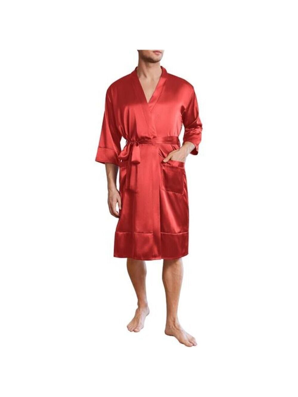 Men’s Red Lightweight Silky Satin Robe Kimono Bathrobe 3/4 Sleeve with Pockets